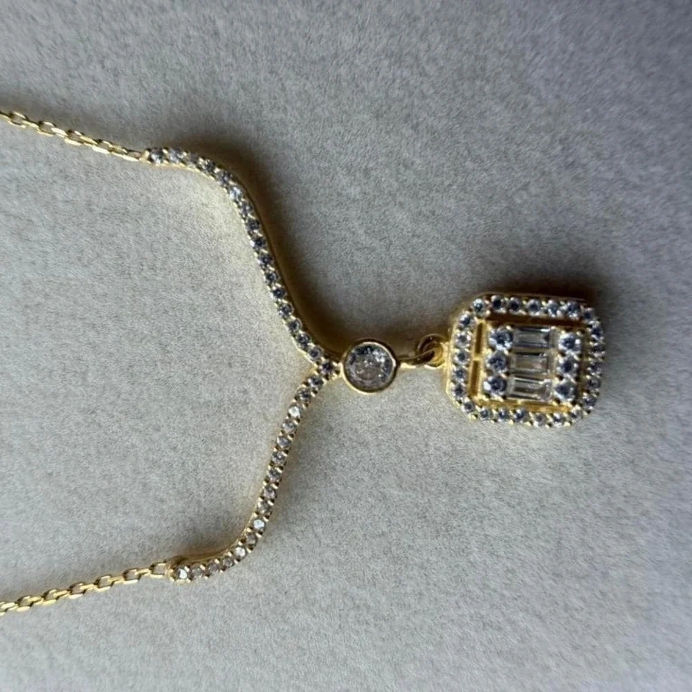 Gold Tone Crystal Halo Rectangular Drop Y Necklace - Picture 1 of 3